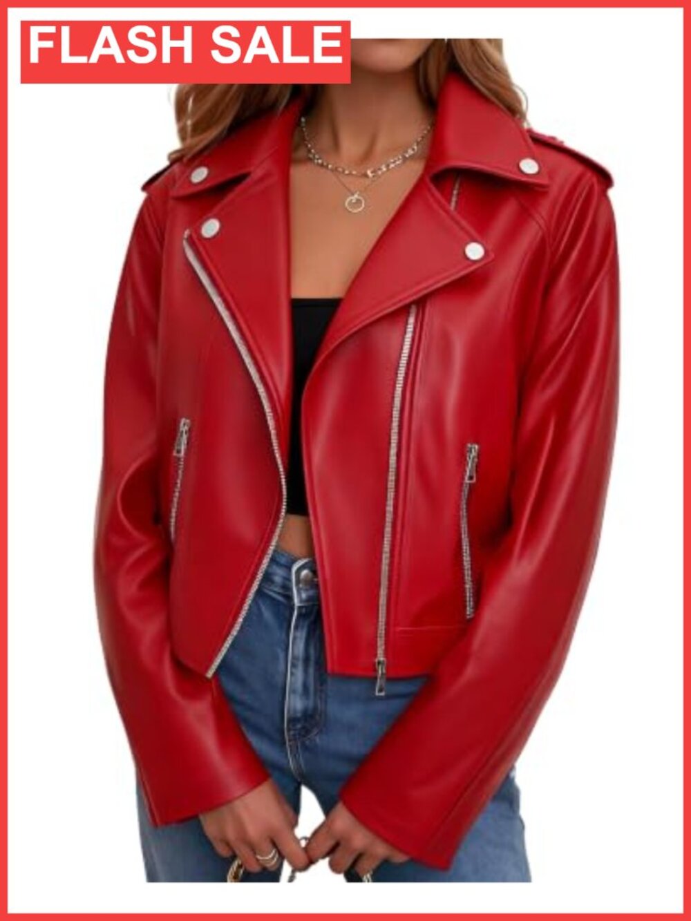 Faux Leather Cropped Moto Biker Jacket Zip Up Long Sleeve